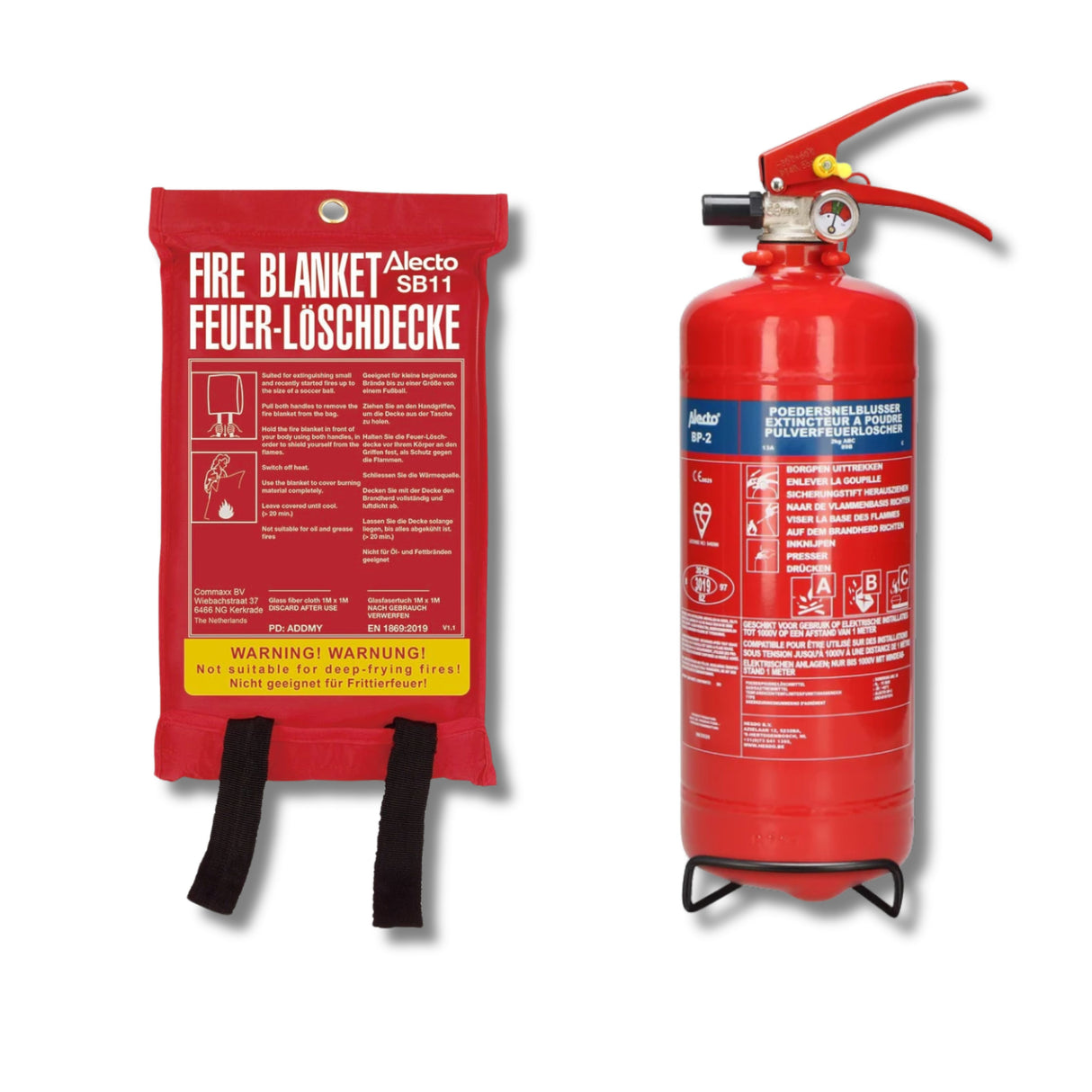 Alecto SB11 + AL-BP2 - Fire Safety Set - Powder Extinguisher 2 kg + Fire Blanket 100 x 100 cm