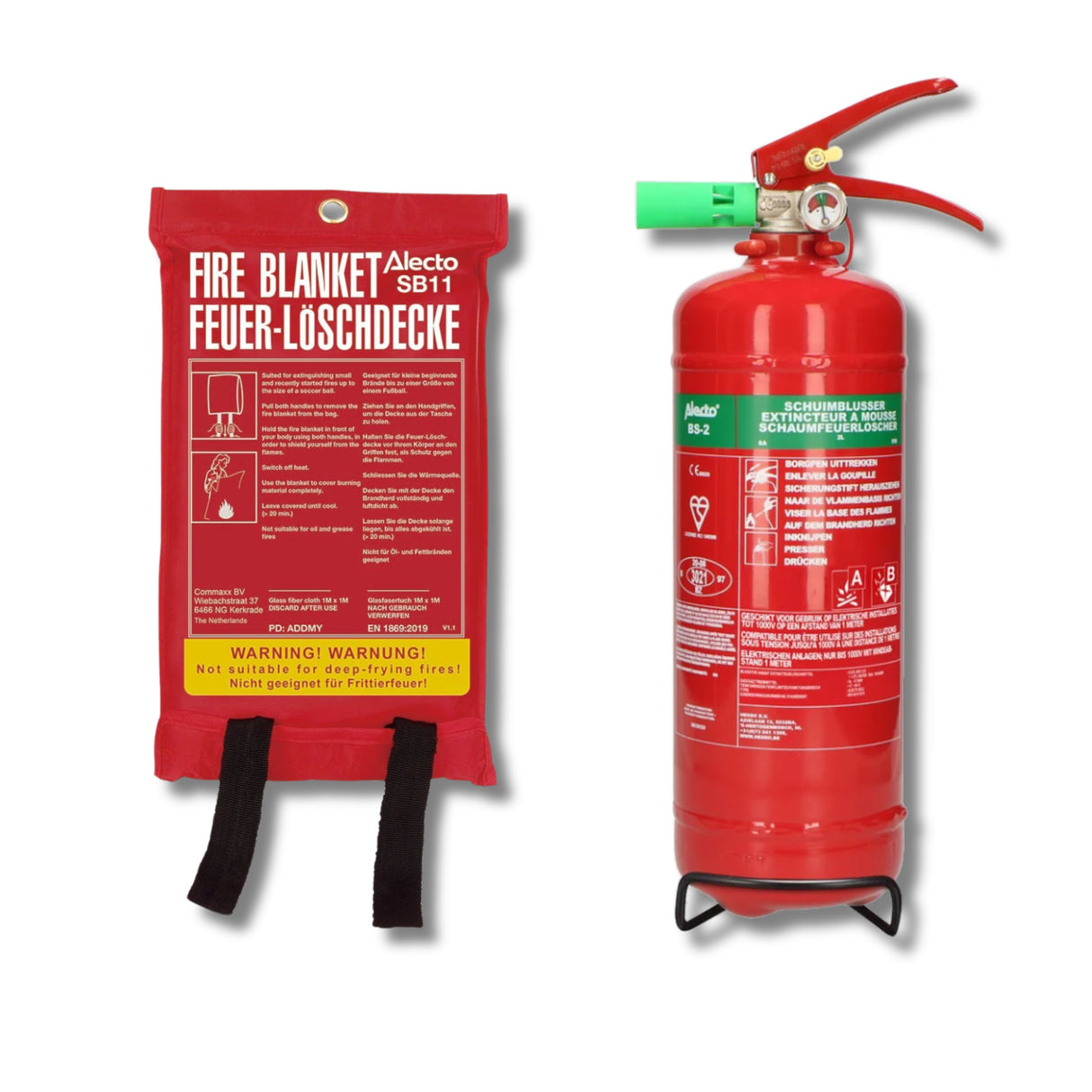 Alecto SB11 + BS-2 - Fire Safety Set - Fire Blanket SB11 (100 x 100 cm) + Foam Fire Extinguisher BS-2 (2 kg)