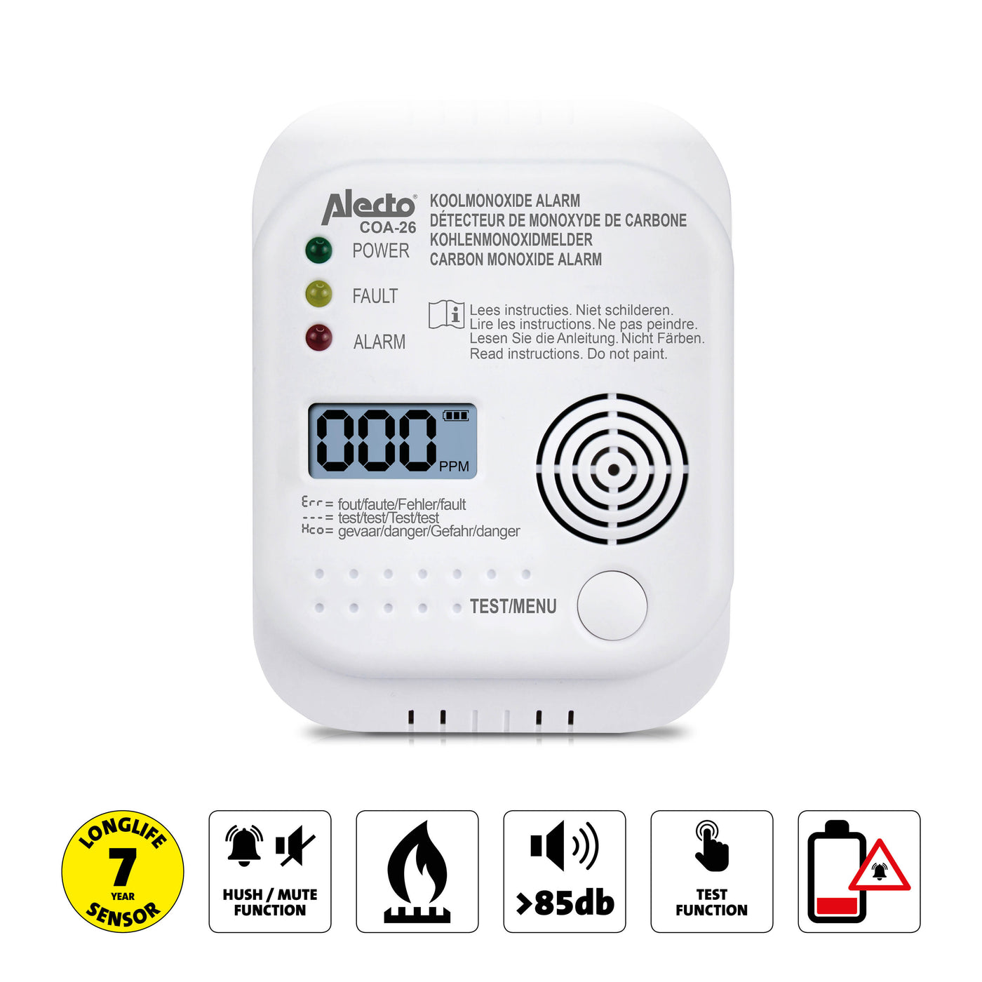 Alecto COA-26 - Carbon monoxide alarm with 7 years sensor runtime, white