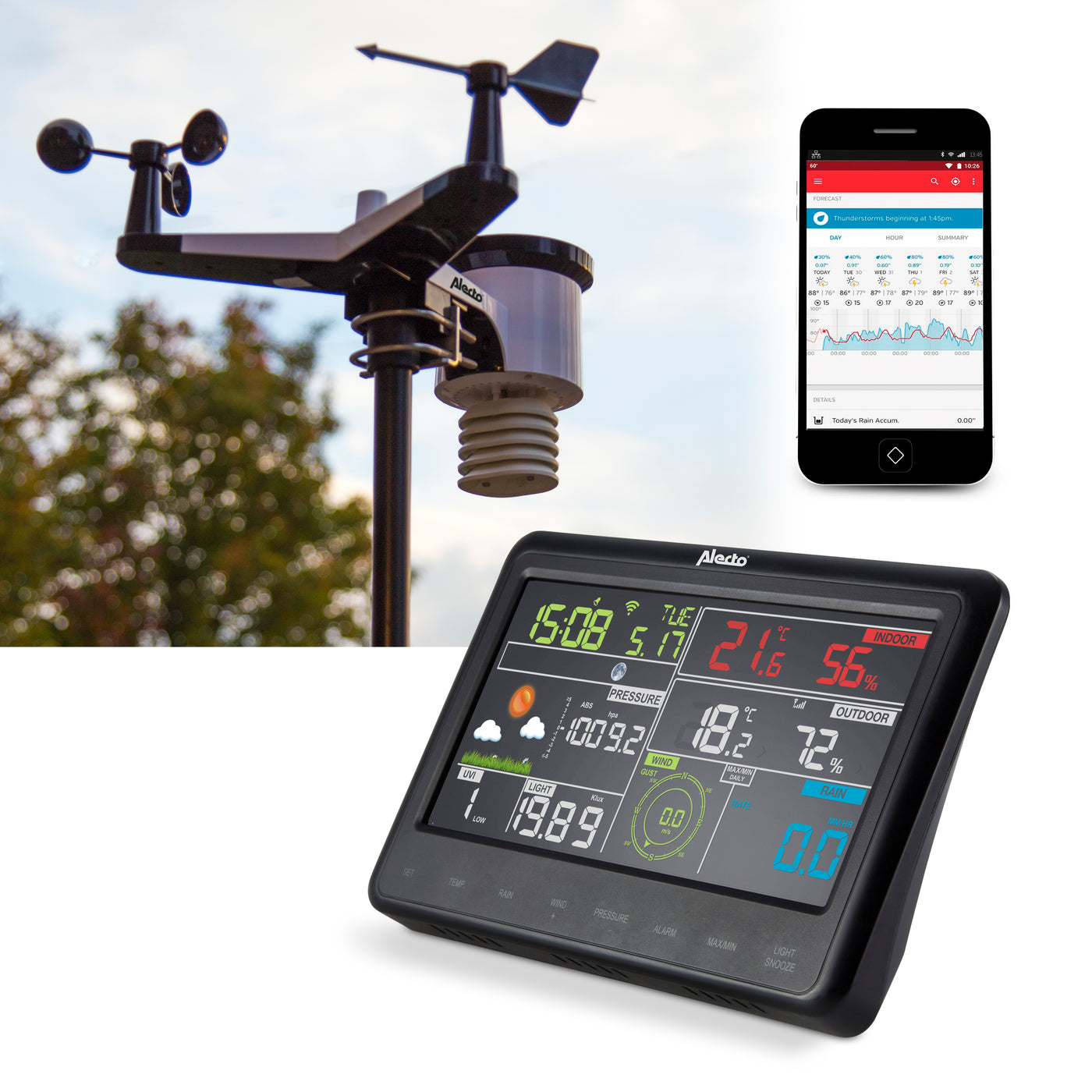 Alecto WS-5500 - Professional 8 in 1 wi-fi weather station with app and wireless outdoor sensor, black