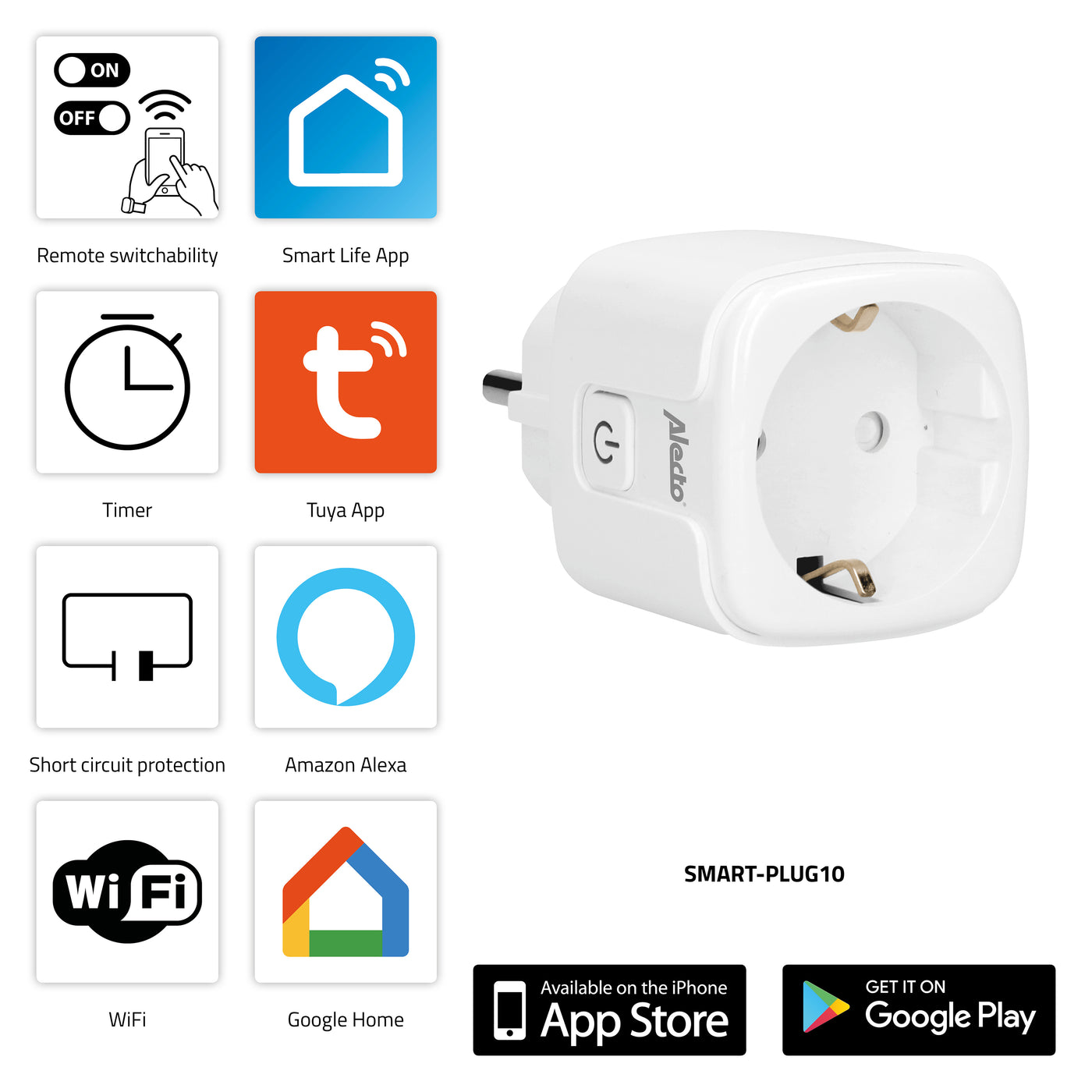 Alecto SMART-PLUG10 - Smart Wi-Fi plug, 16A, 3680W, 4 pack