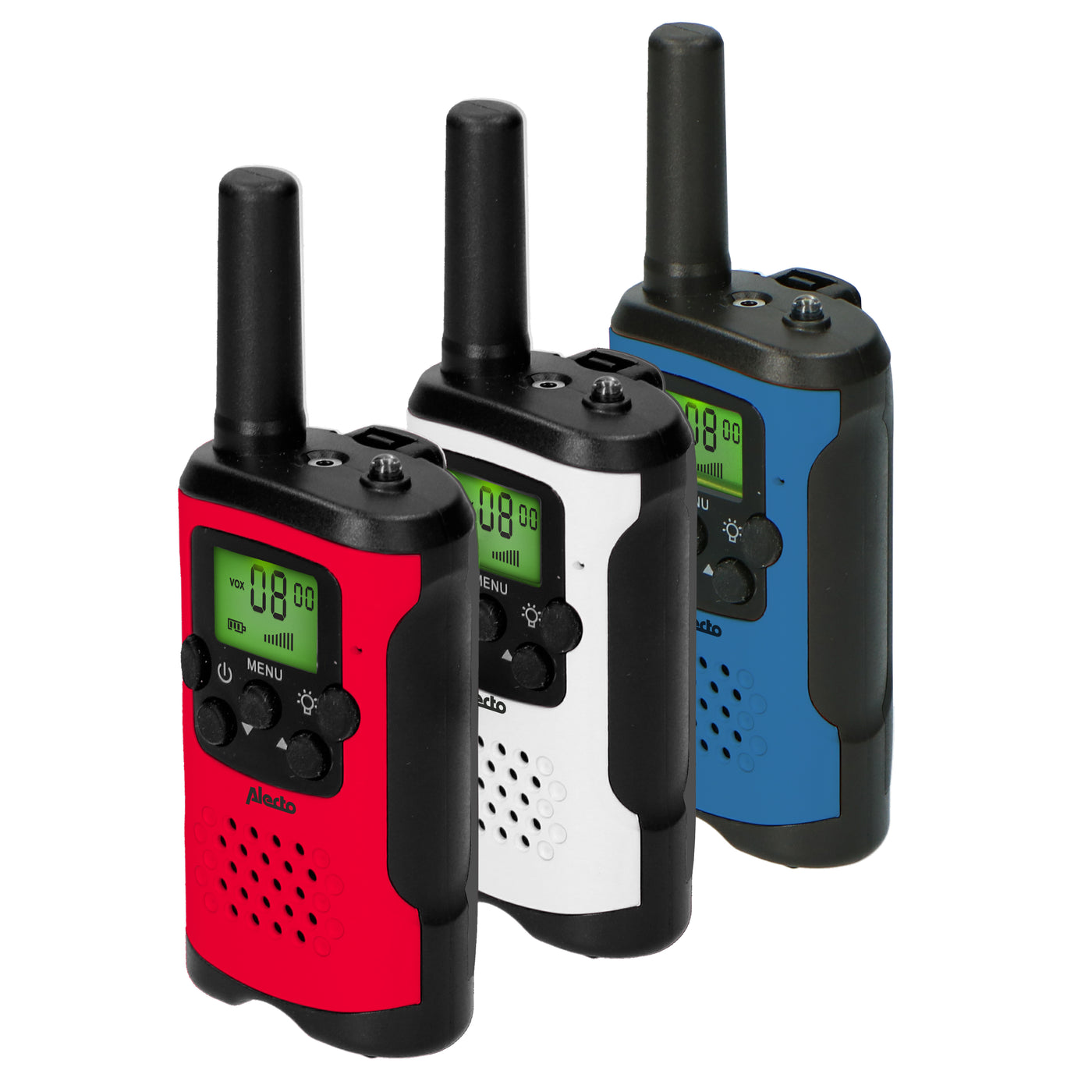 Alecto FR113 3x - Set of two three Two-Way radios for children, range up to 7 kilometers, red-white-blue