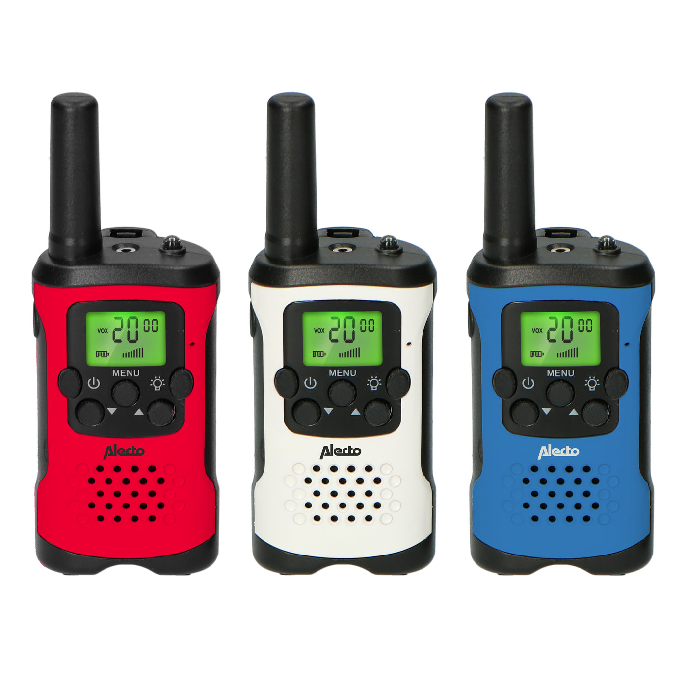 Alecto FR113 3x - Set of two three Two-Way radios for children, range up to 7 kilometers, red-white-blue