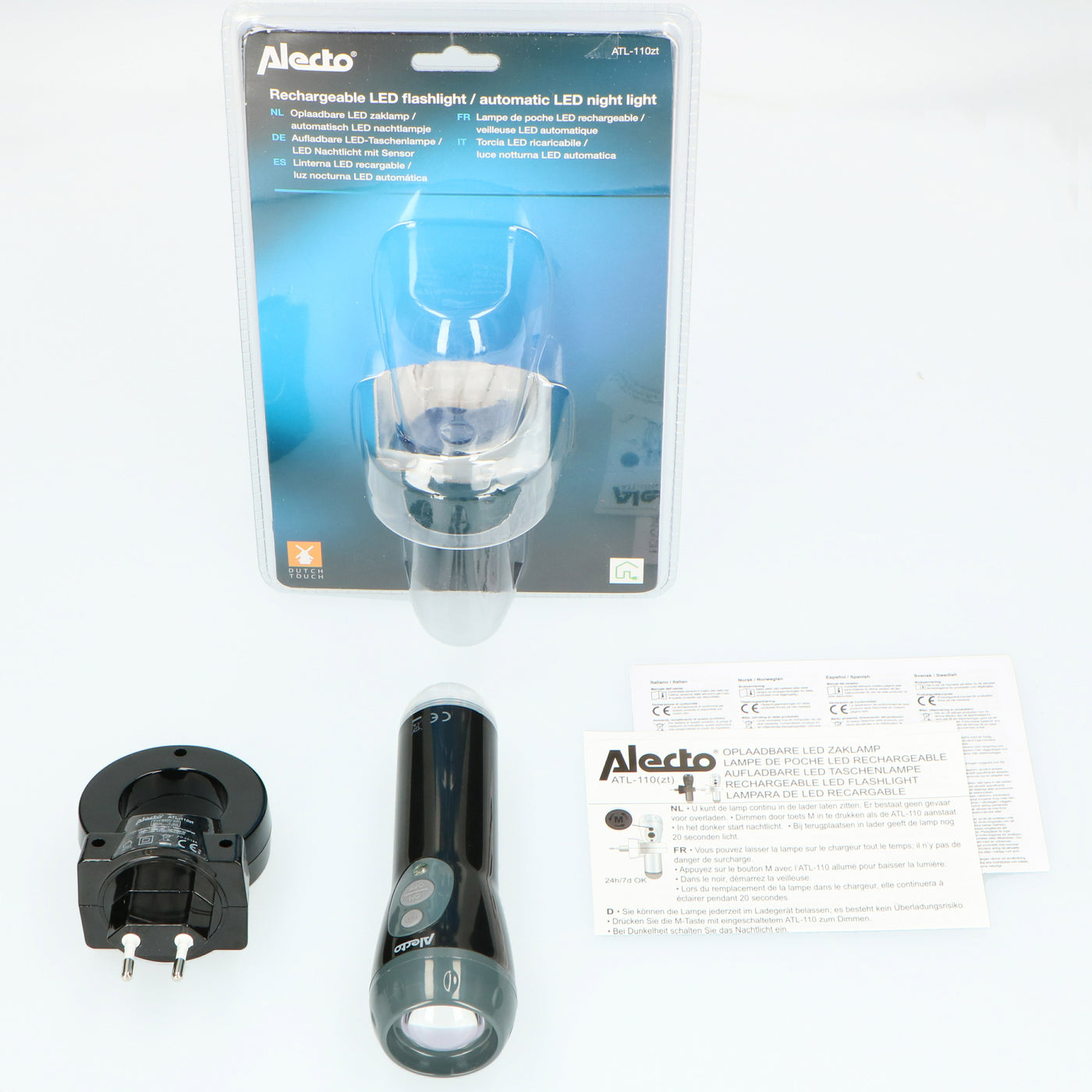 Alecto ATL-110ZT - Rechargeable LED flashlight / automatic LED night light, black